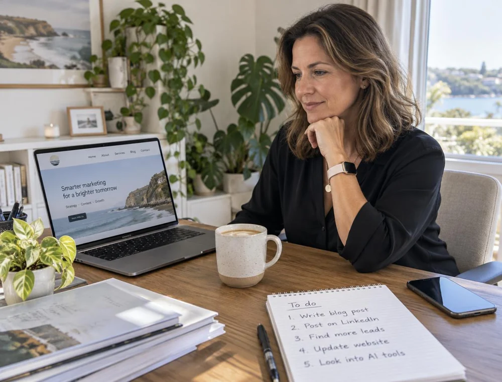 A small business owner at her desk with a to-do list of marketing tasks